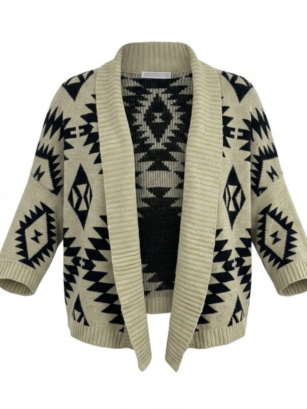 A Knitch Above Aztec Print Open Front Cardigan Sweater Shrug Cream Black Size M